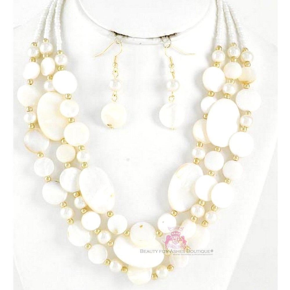 Shell Mother-Of-Pearl Creamy White Layered Faux Pearl Bead Necklace Classic Set 16$